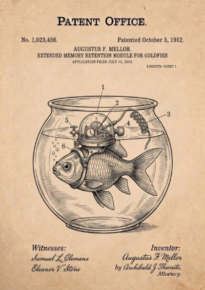 Funny animal patent poster showing a goldfish with a mechanical memory retention device attached