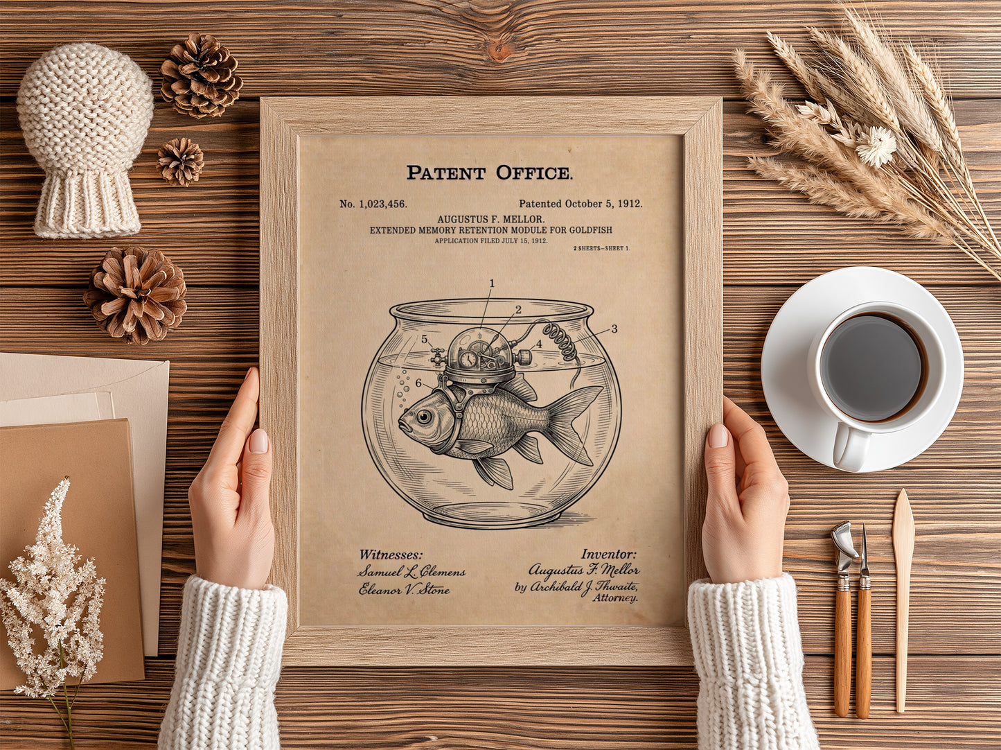 Funny animal patent poster showing a goldfish with a mechanical memory retention device attached