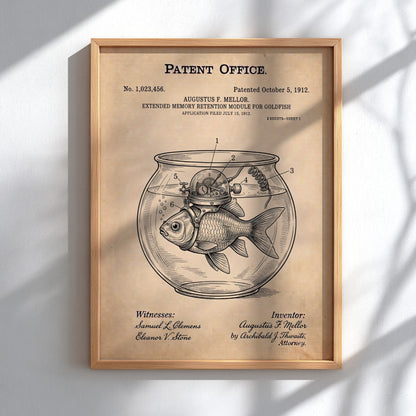 Funny animal patent poster showing a goldfish with a mechanical memory retention device attached