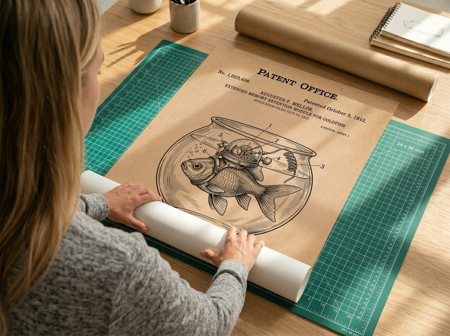 Funny animal patent poster showing a goldfish with a mechanical memory retention device attached