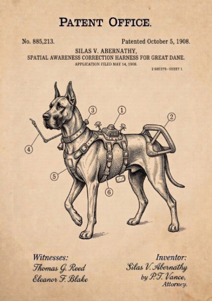Funny animal patent poster featuring a technical drawing of a Great Dane harness.