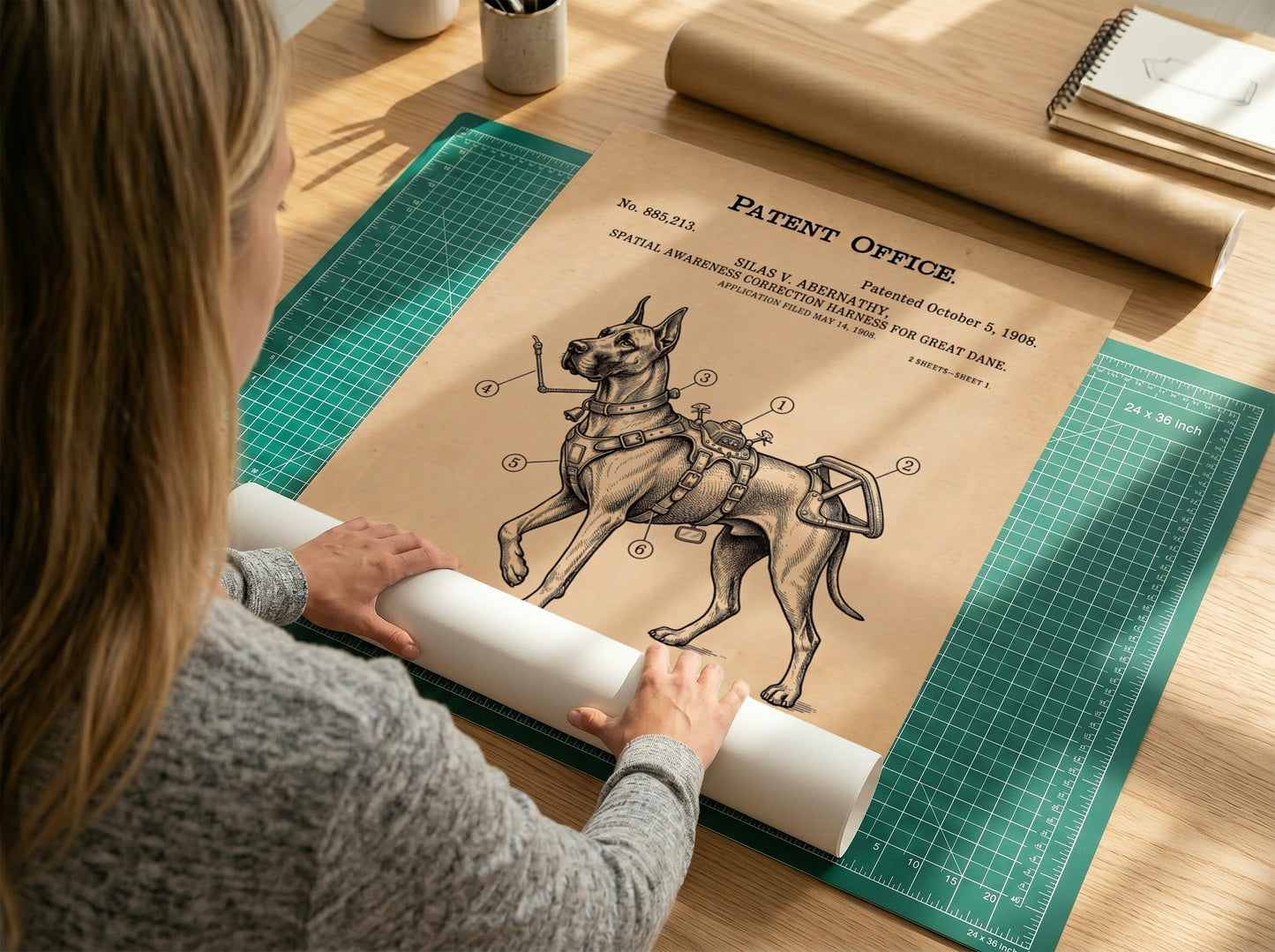 Funny animal patent poster featuring a technical drawing of a Great Dane harness.