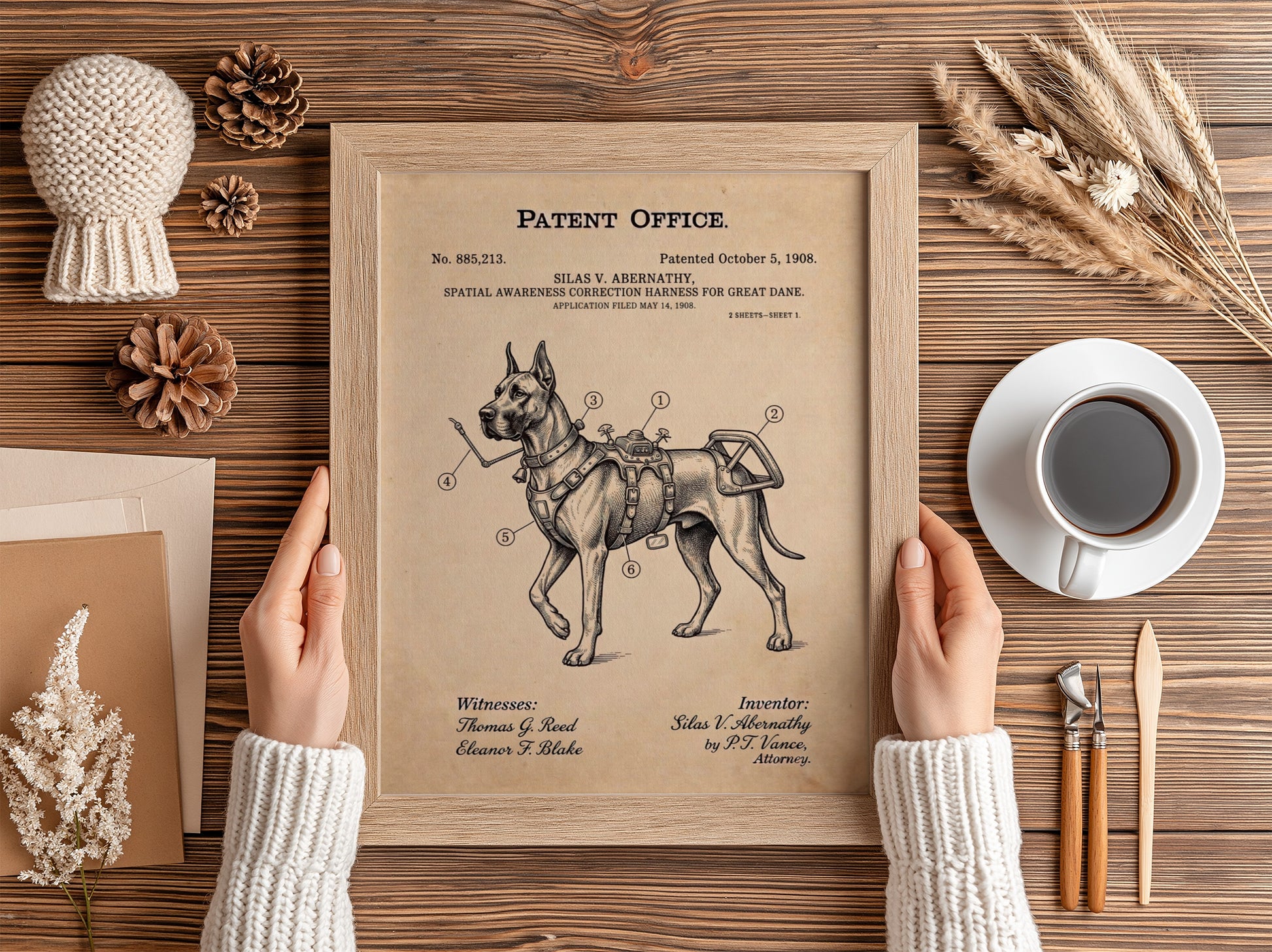 Funny animal patent poster featuring a technical drawing of a Great Dane harness.