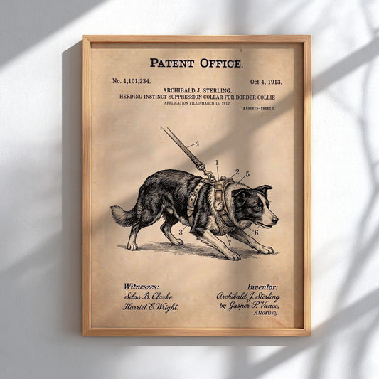 Funny patent poster showing a Border Collie wearing a mechanical herding suppression collar harness.