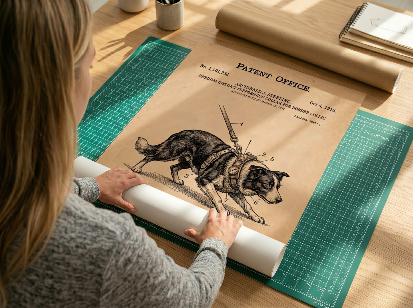 Funny patent poster showing a Border Collie wearing a mechanical herding suppression collar harness.