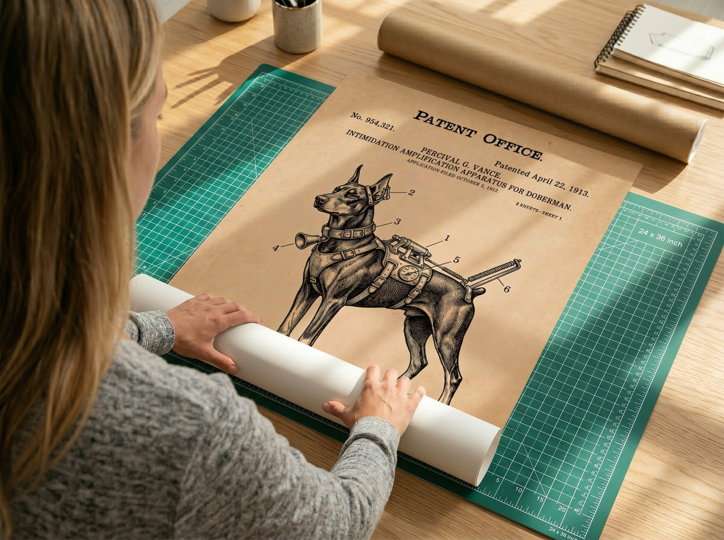 Funny patent poster featuring a Doberman with a complex mechanical intimidation apparatus harness system.