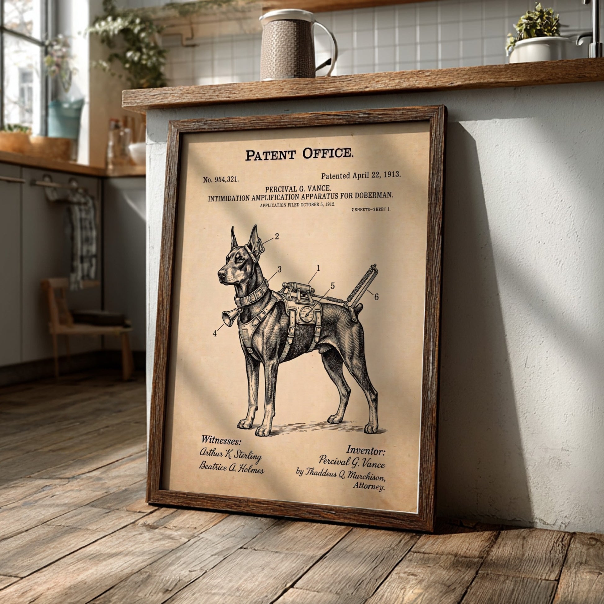 Funny patent poster featuring a Doberman with a complex mechanical intimidation apparatus harness system.