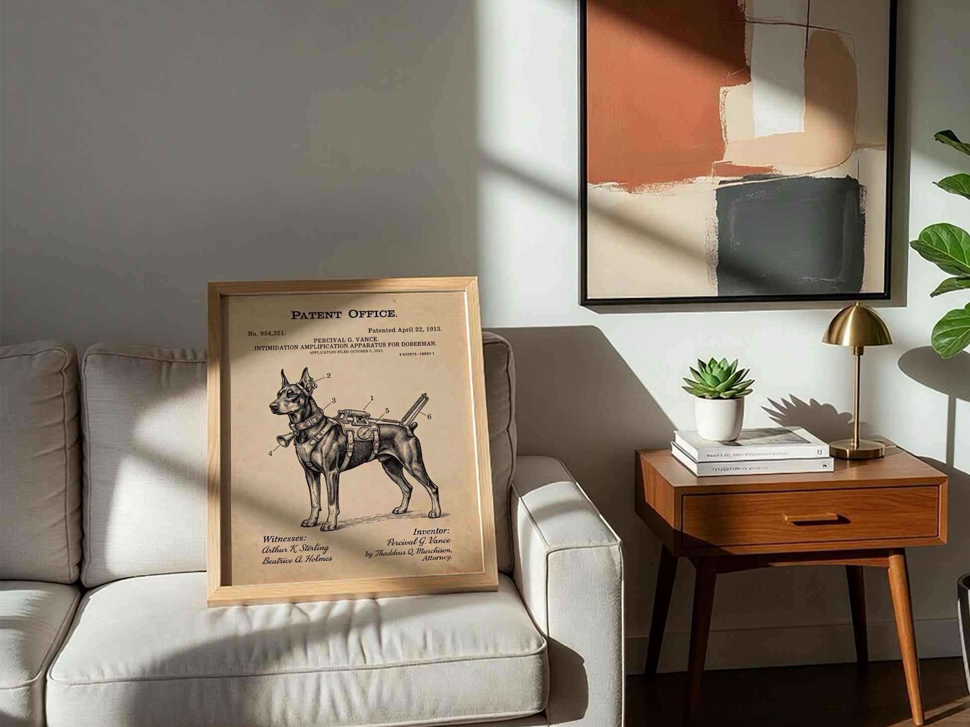 Funny patent poster featuring a Doberman with a complex mechanical intimidation apparatus harness system.