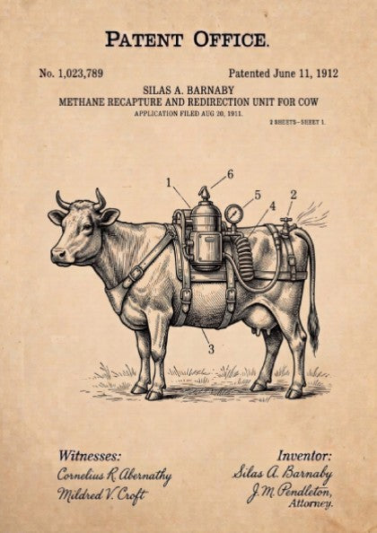 Funny animal patent poster showing a cow with a methane recapture unit attached