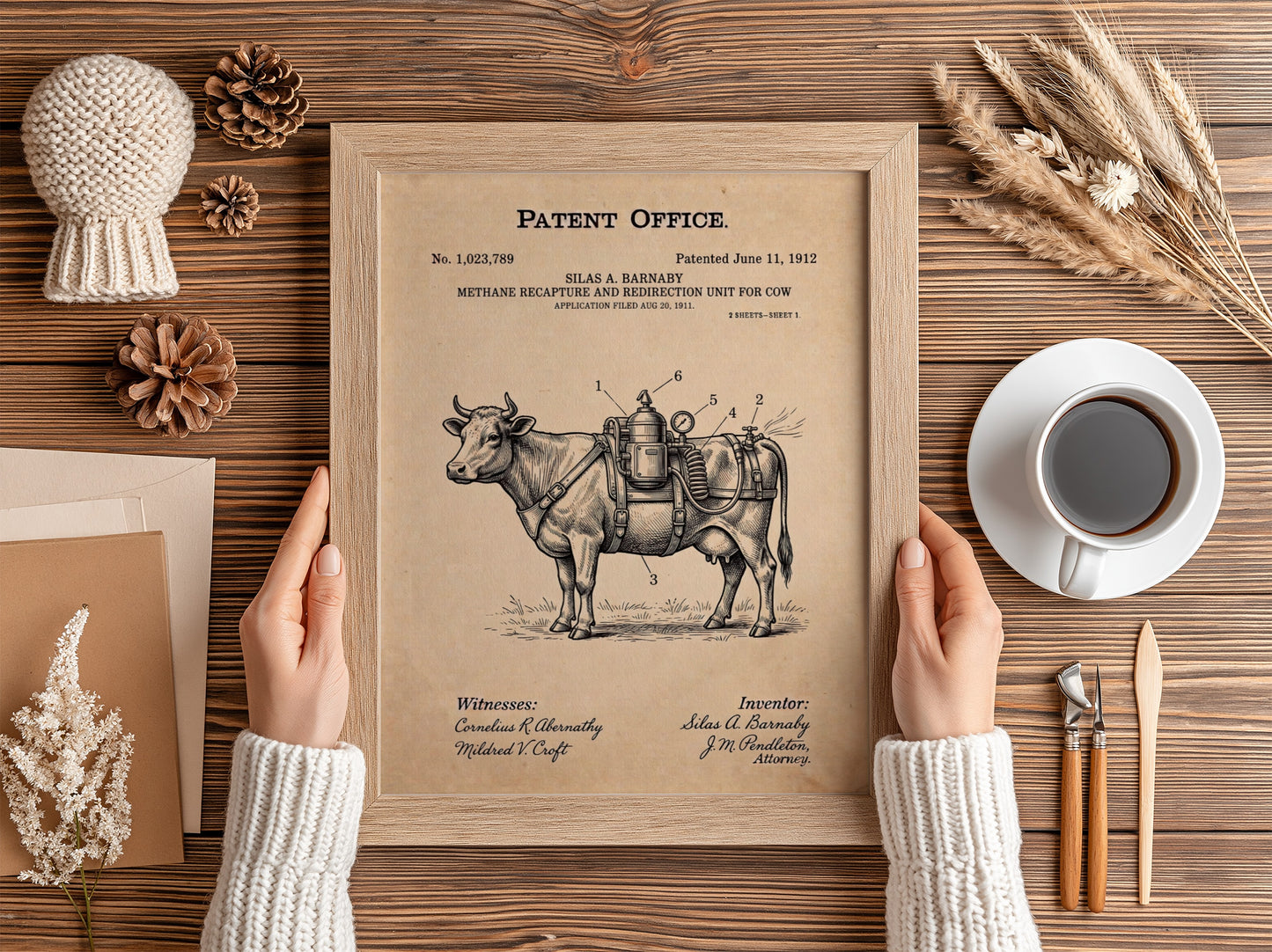 Funny animal patent poster showing a cow with a methane recapture unit attached
