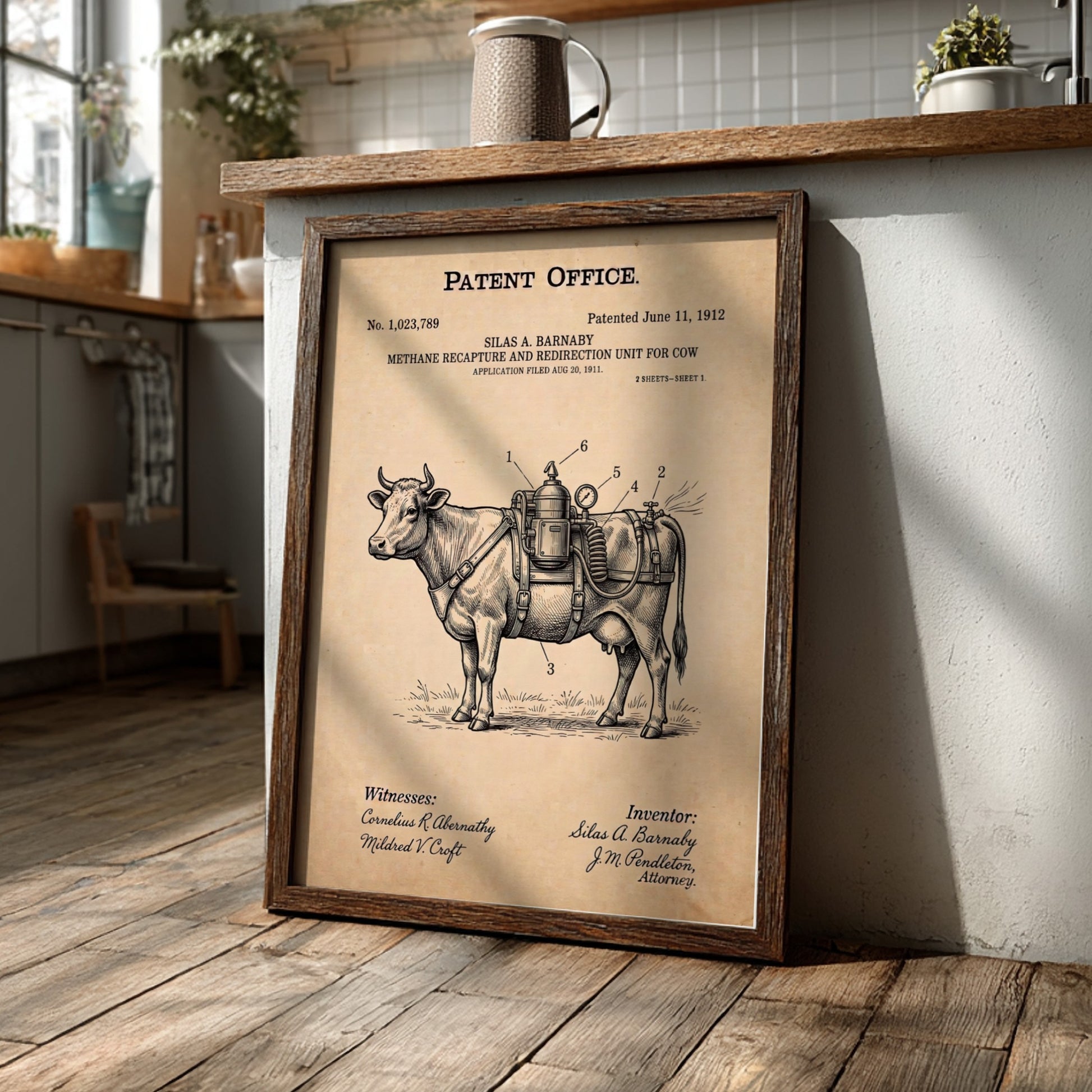 Funny animal patent poster showing a cow with a methane recapture unit attached