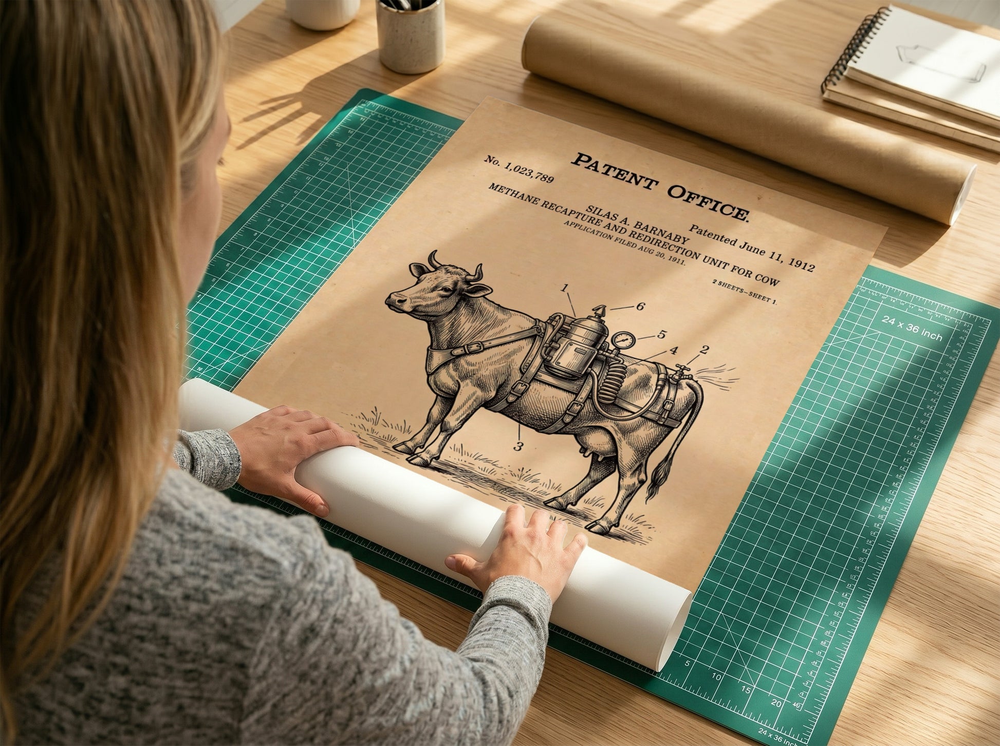 Funny animal patent poster showing a cow with a methane recapture unit attached
