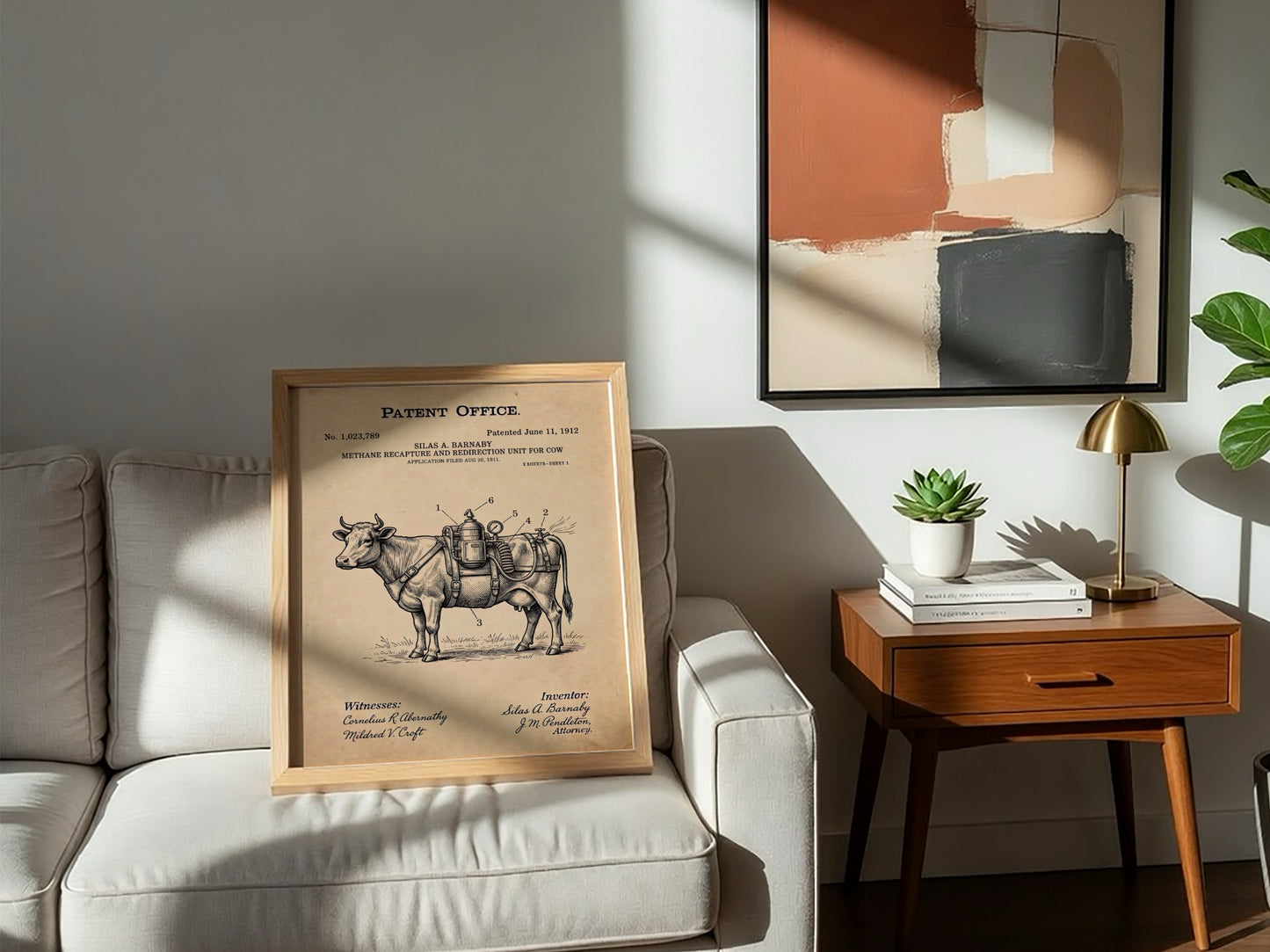Funny animal patent poster showing a cow with a methane recapture unit attached