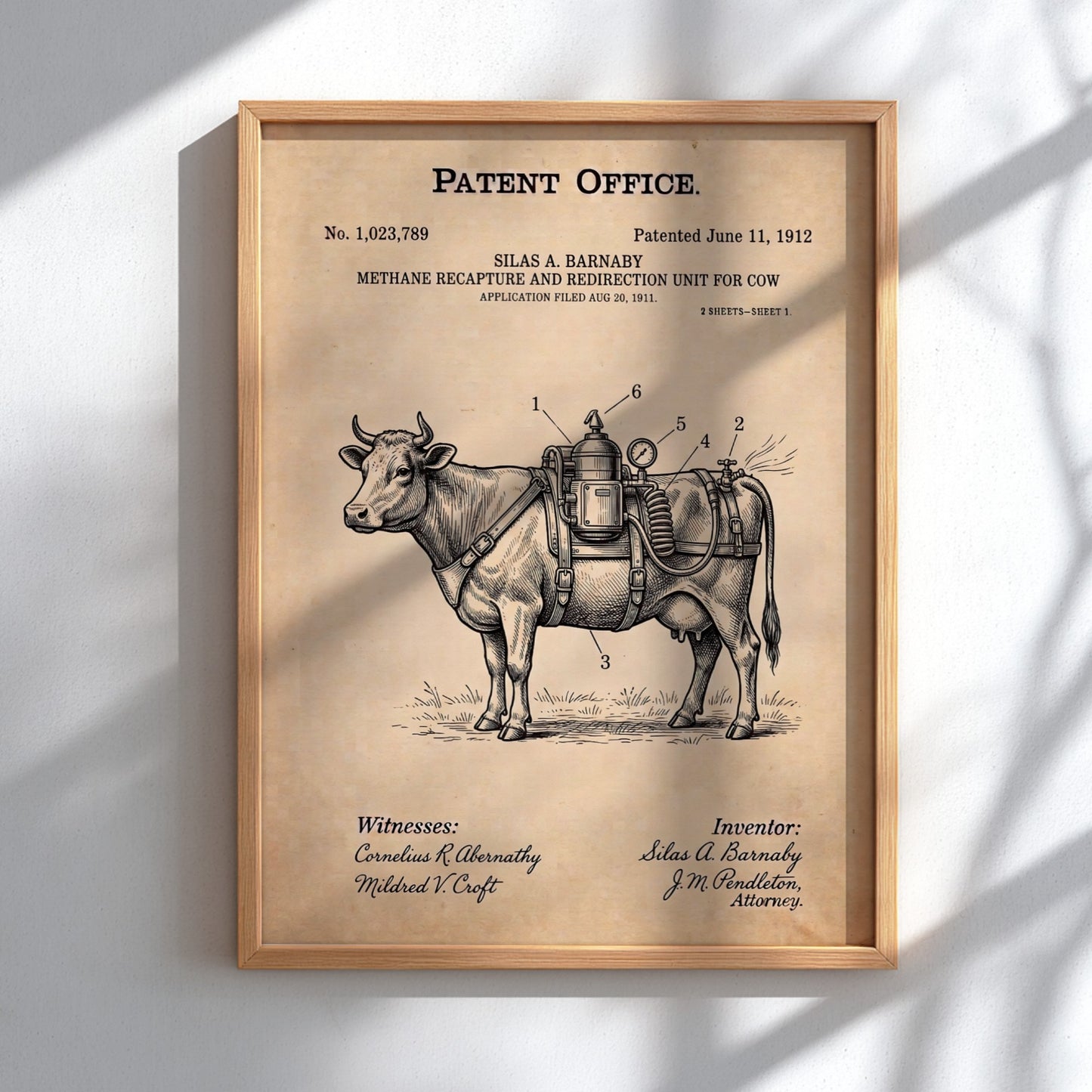 Funny animal patent poster showing a cow with a methane recapture unit attached