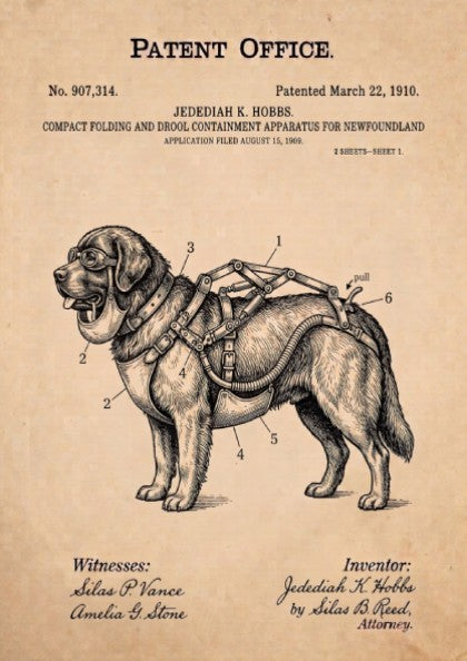 Funny animal patent poster showing a technical diagram of a Newfoundland dog harness