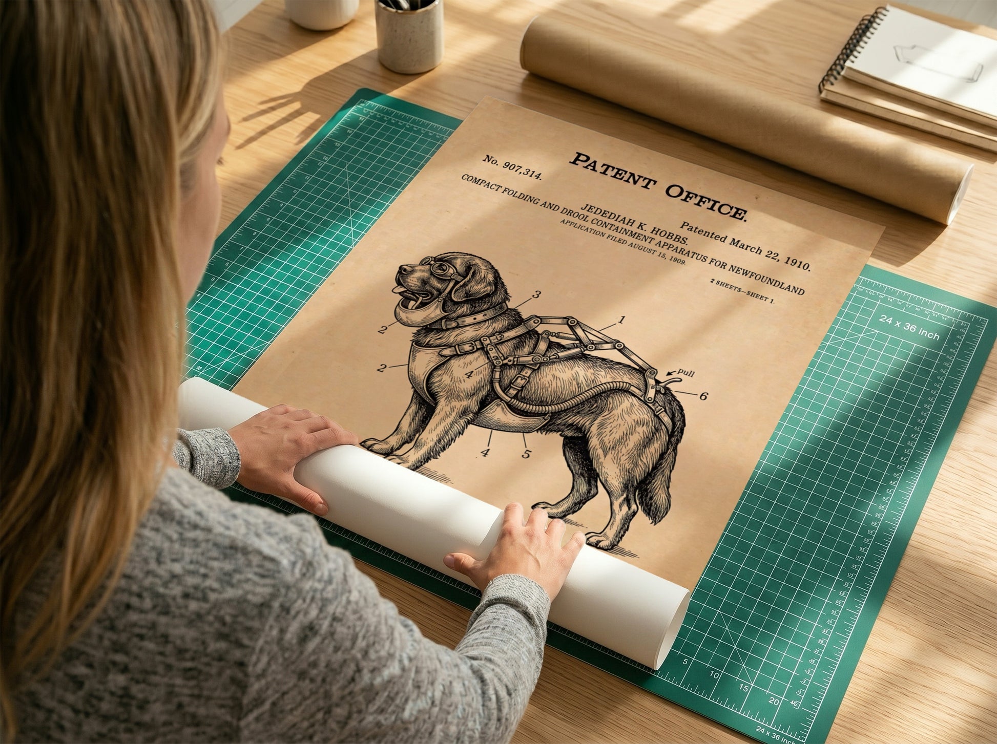 Funny animal patent poster showing a technical diagram of a Newfoundland dog harness