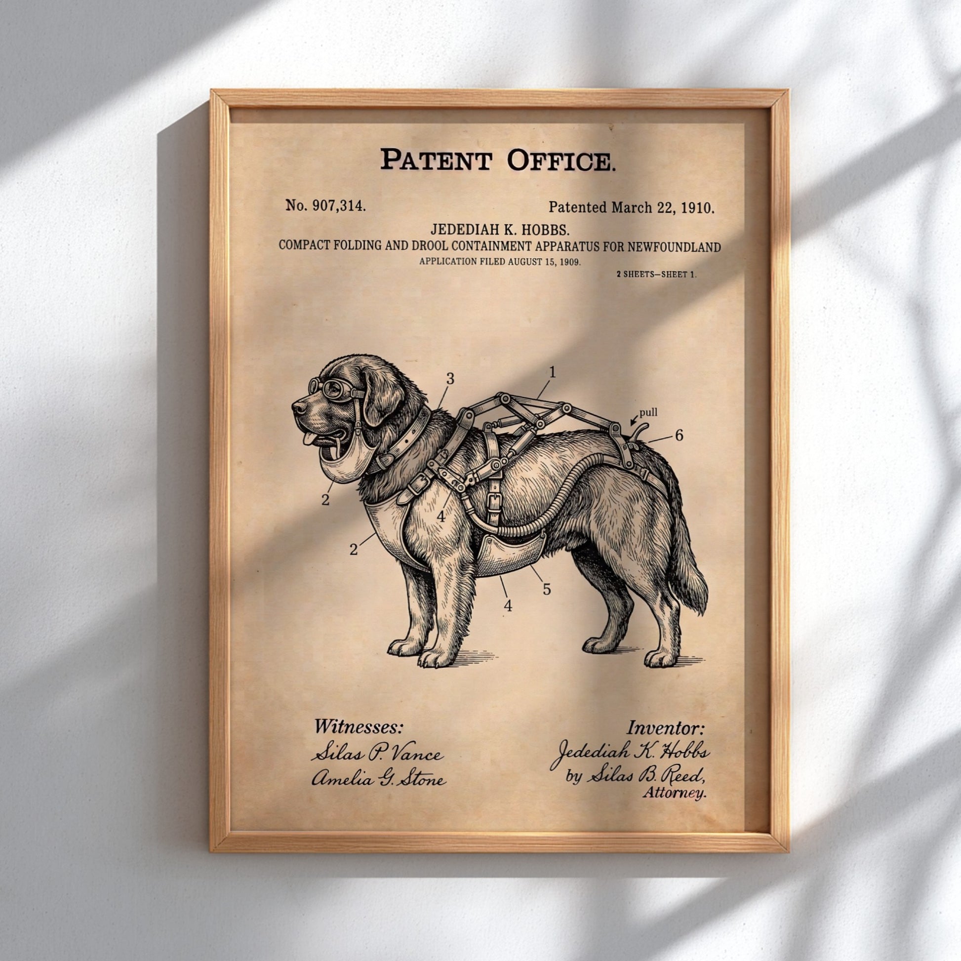 Funny animal patent poster showing a technical diagram of a Newfoundland dog harness