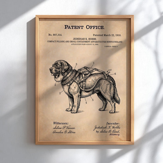 Funny animal patent poster showing a technical diagram of a Newfoundland dog harness