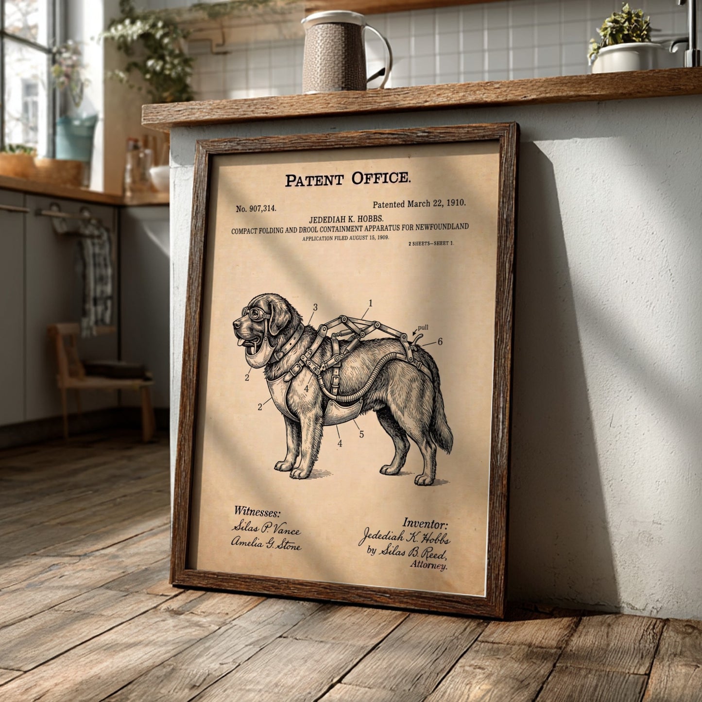 Funny animal patent poster showing a technical diagram of a Newfoundland dog harness