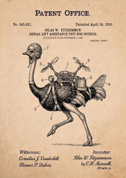 Funny animal patent poster showing an ostrich wearing a helmet with mechanical propellers