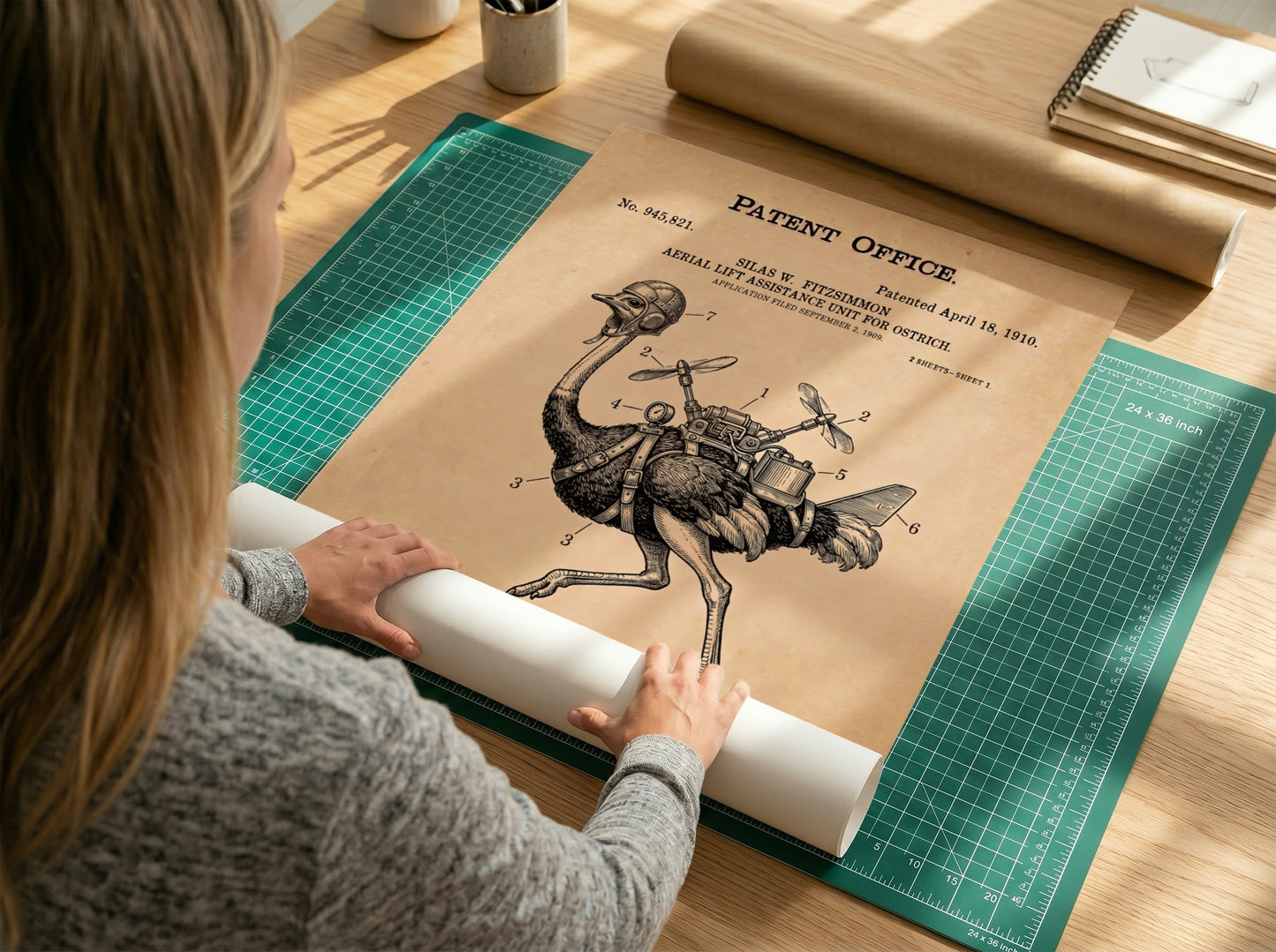 Funny animal patent poster showing an ostrich wearing a helmet with mechanical propellers