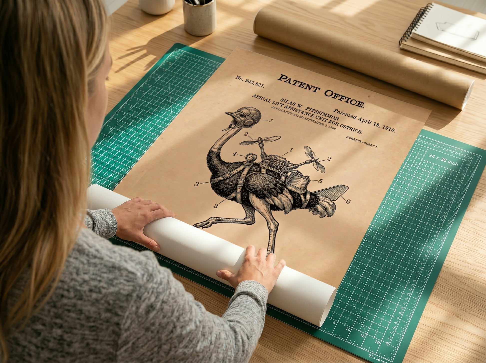 Funny animal patent poster showing an ostrich wearing a helmet with mechanical propellers