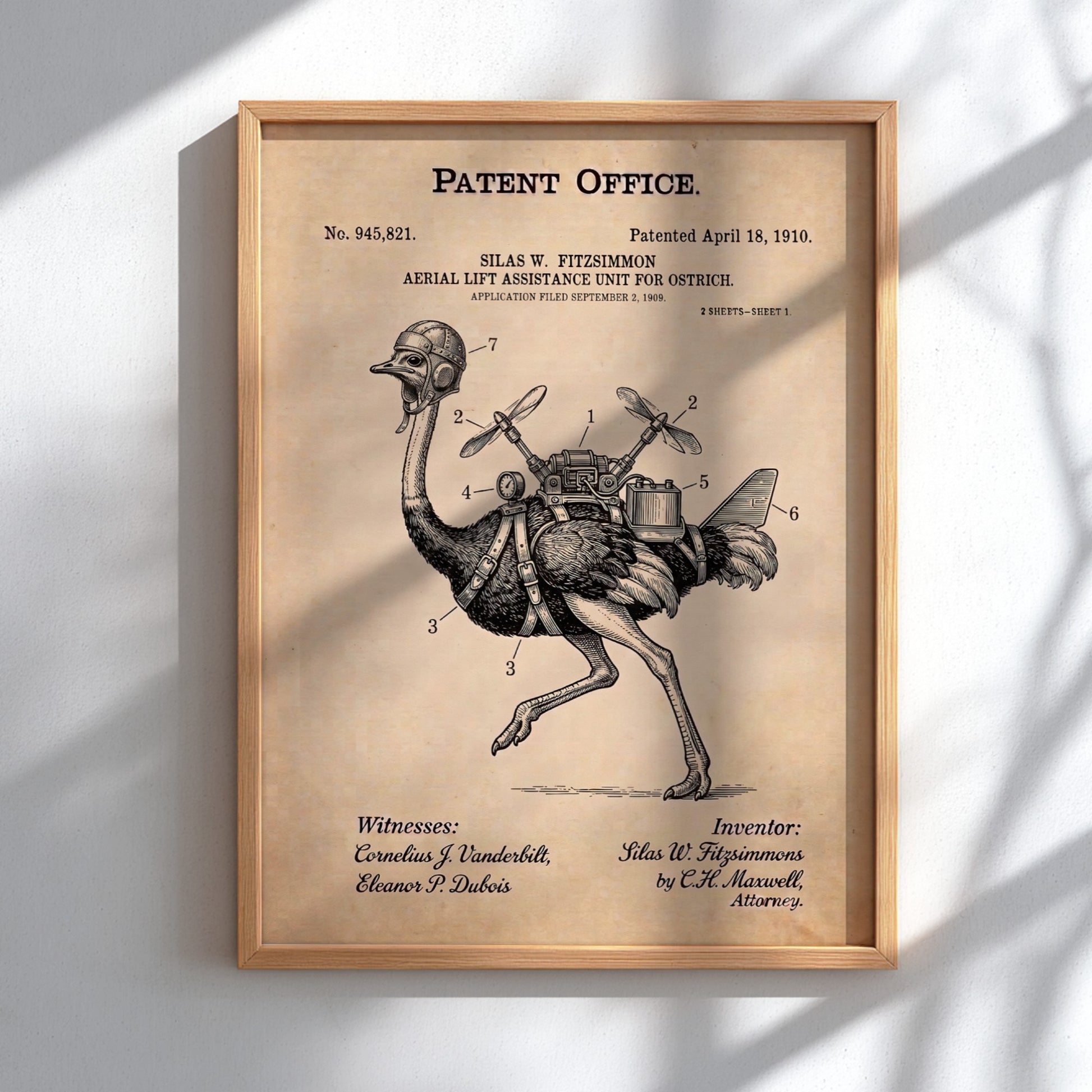 Funny animal patent poster showing an ostrich wearing a helmet with mechanical propellers