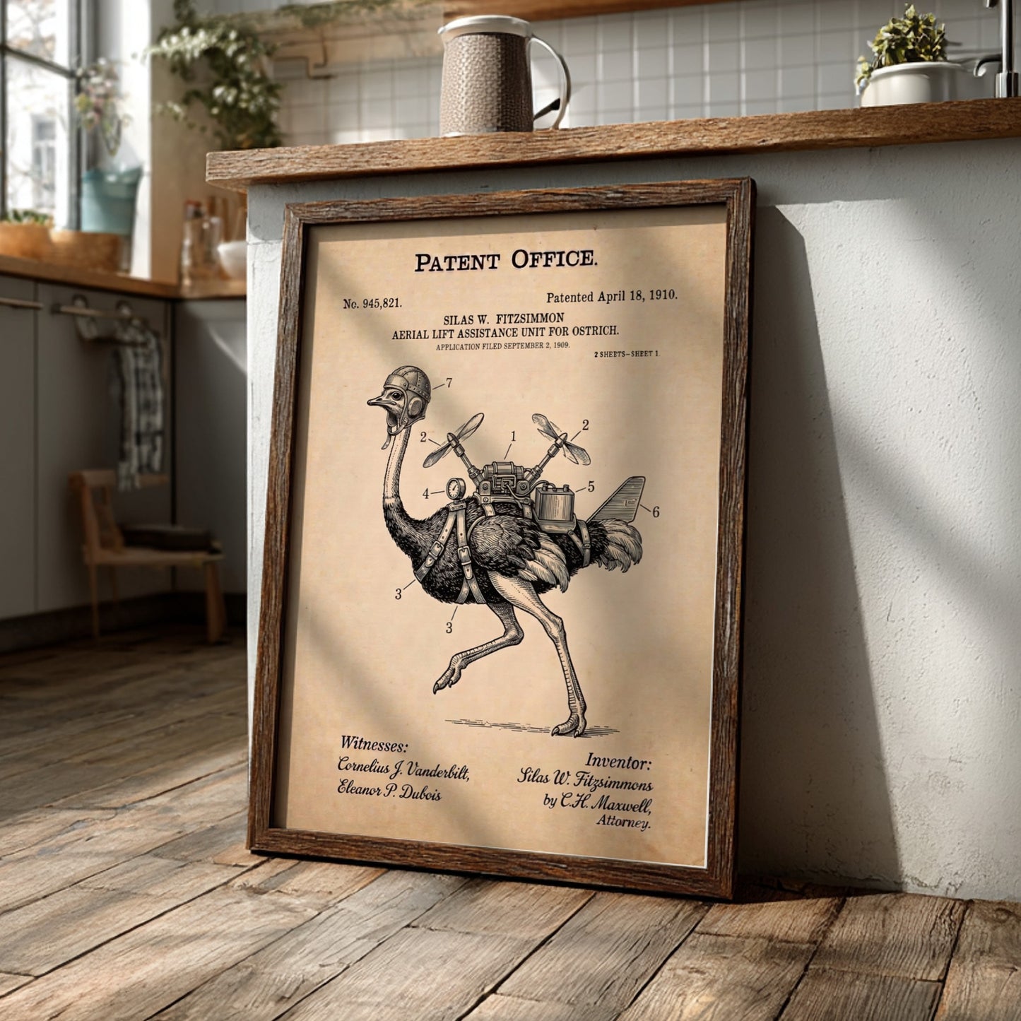 Funny animal patent poster showing an ostrich wearing a helmet with mechanical propellers