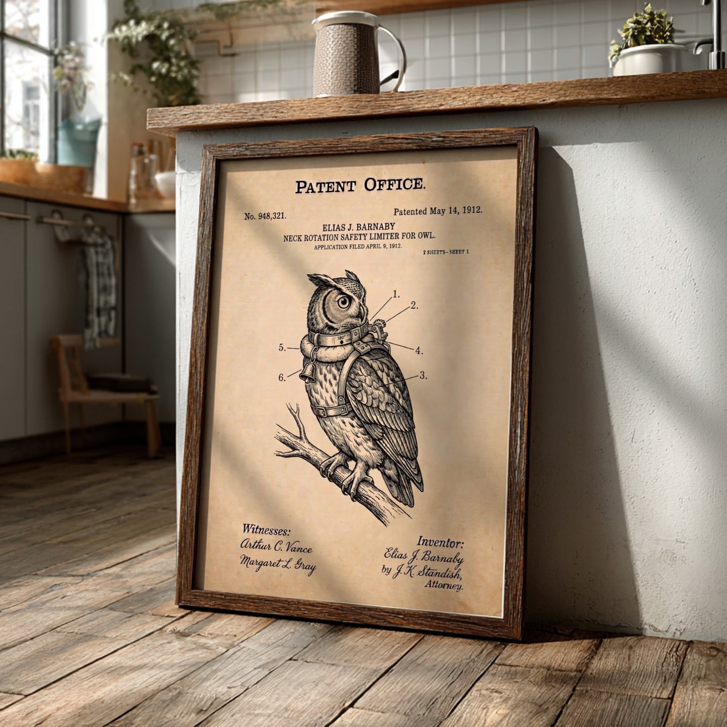 Funny patent poster of an owl wearing a mechanical neck rotation safety limiter harness
