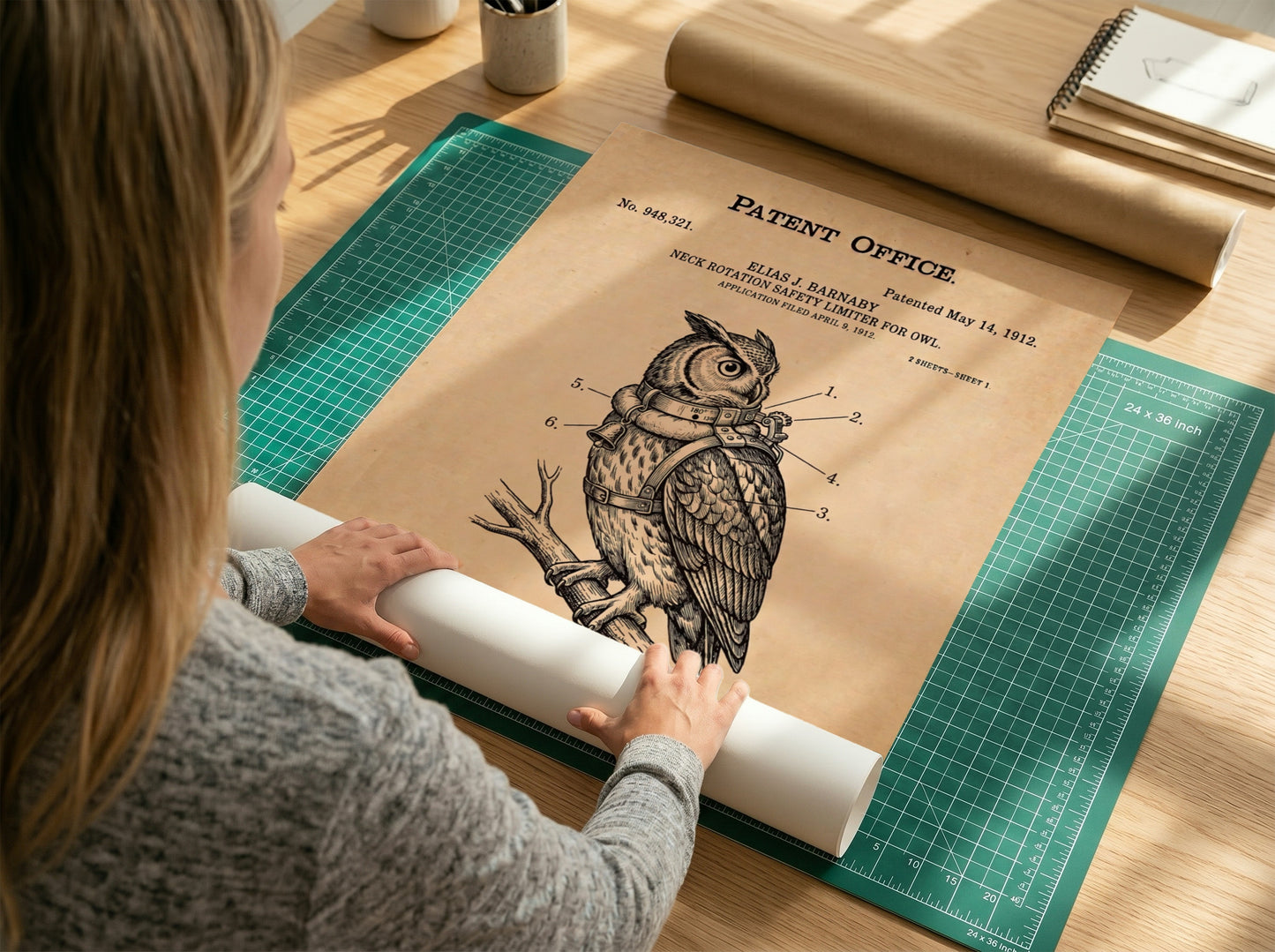 Funny patent poster of an owl wearing a mechanical neck rotation safety limiter harness