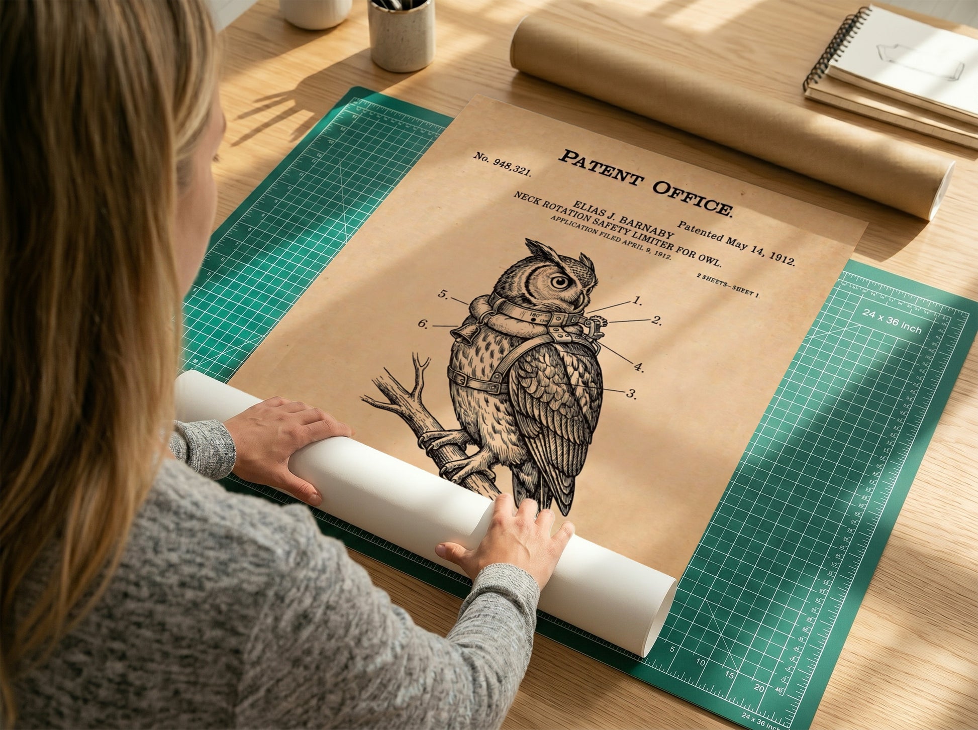 Funny patent poster of an owl wearing a mechanical neck rotation safety limiter harness