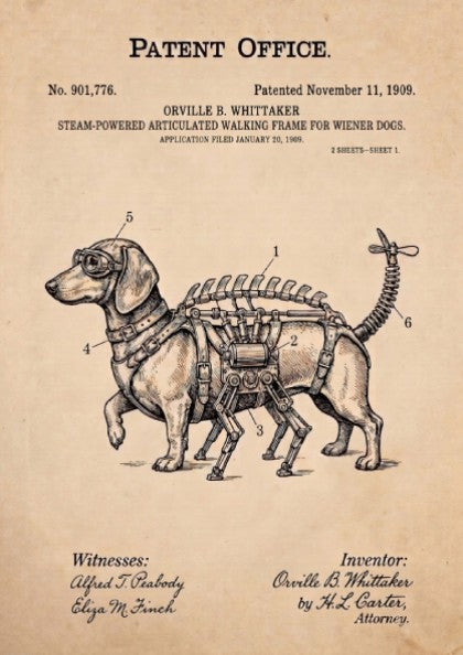 Funny animal patent poster showing a steam-powered wiener dog with mechanical legs and propeller