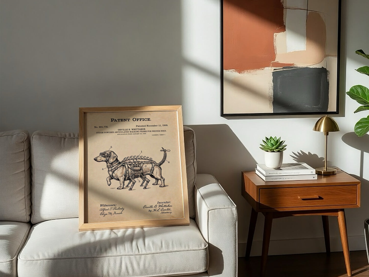 Funny animal patent poster showing a steam-powered wiener dog with mechanical legs and propeller