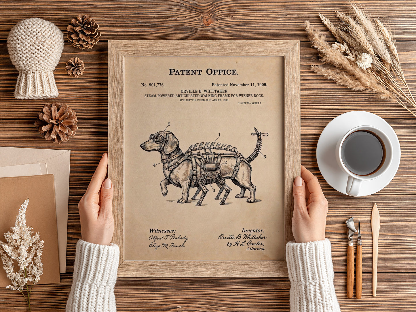 Funny animal patent poster showing a steam-powered wiener dog with mechanical legs and propeller