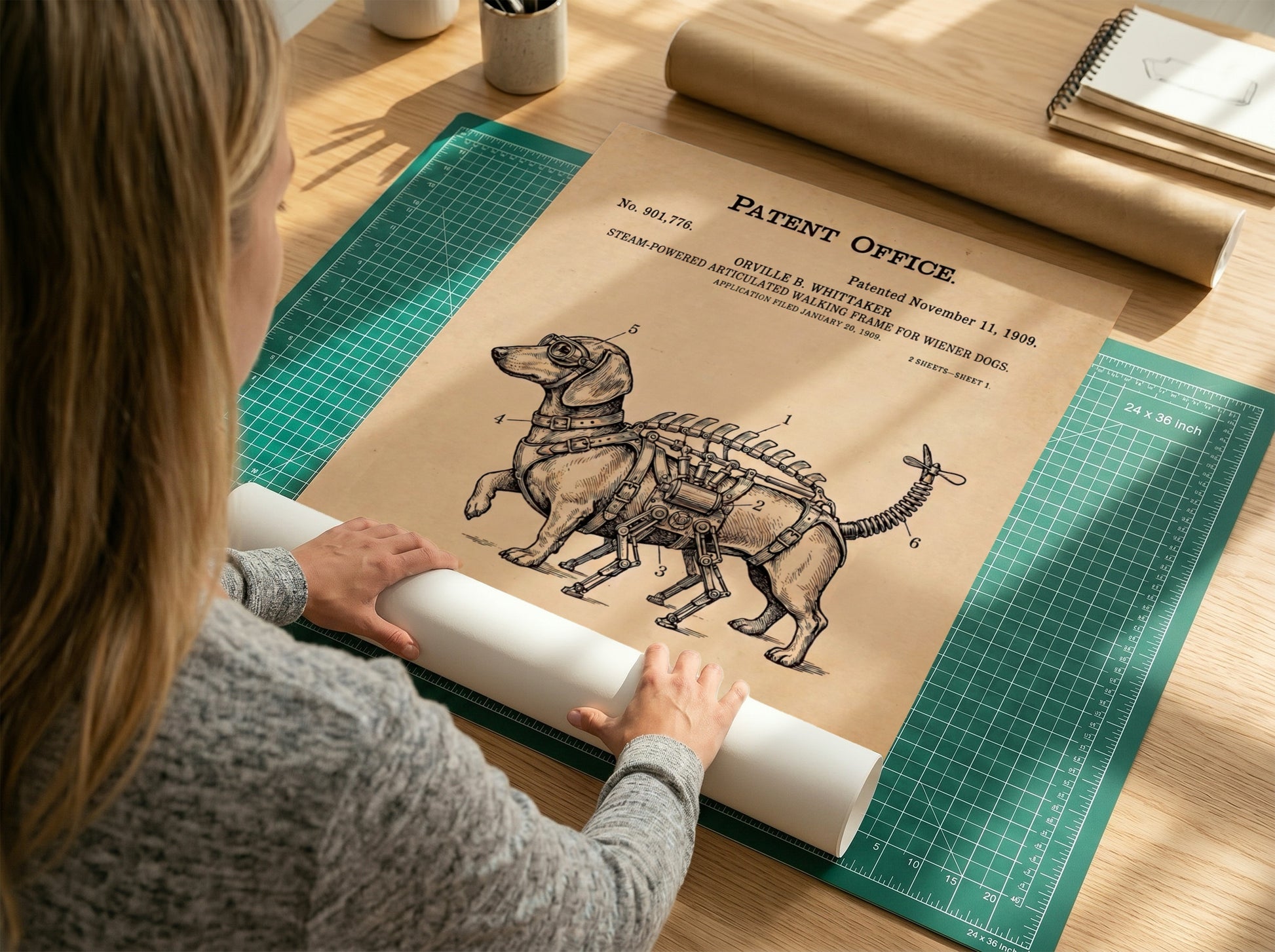 Funny animal patent poster showing a steam-powered wiener dog with mechanical legs and propeller