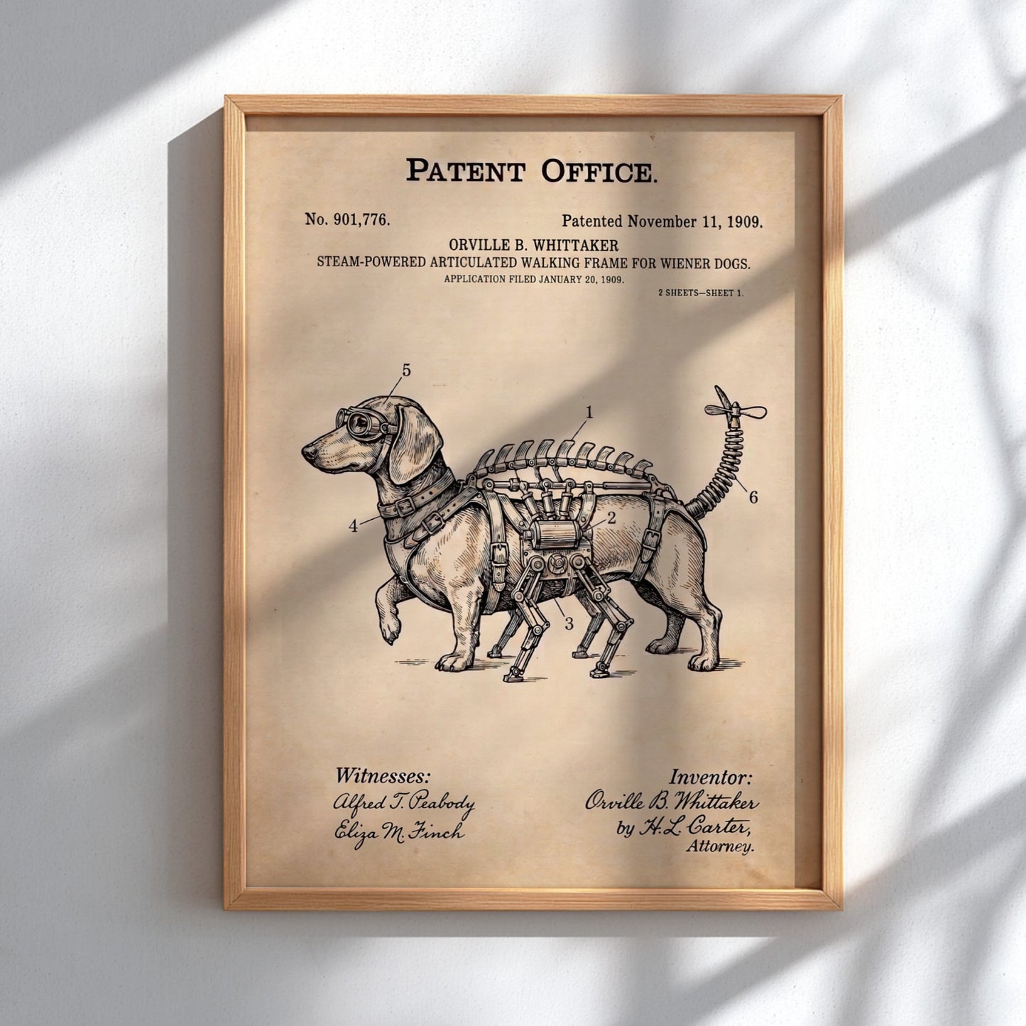 Funny animal patent poster showing a steam-powered wiener dog with mechanical legs and propeller