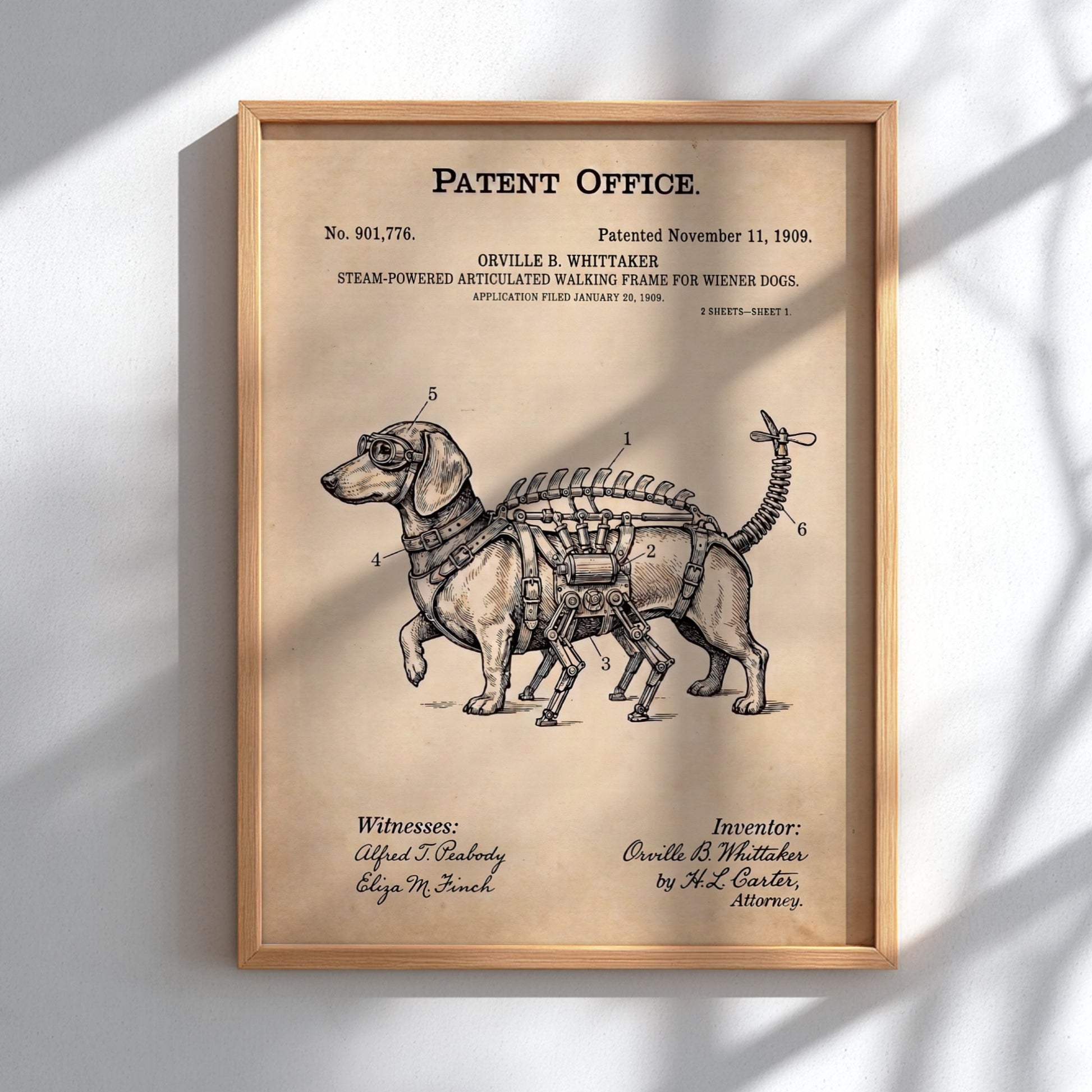 Funny animal patent poster showing a steam-powered wiener dog with mechanical legs and propeller