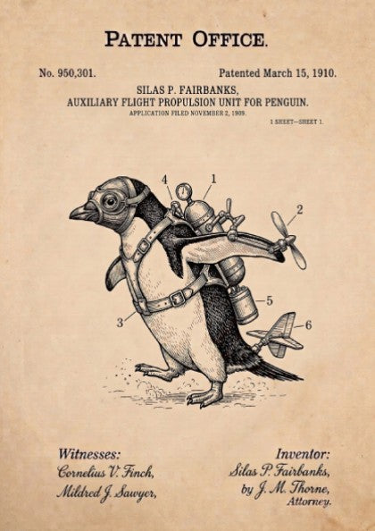 Funny animal patent poster showing a penguin wearing a vintage flight propulsion unit gadget