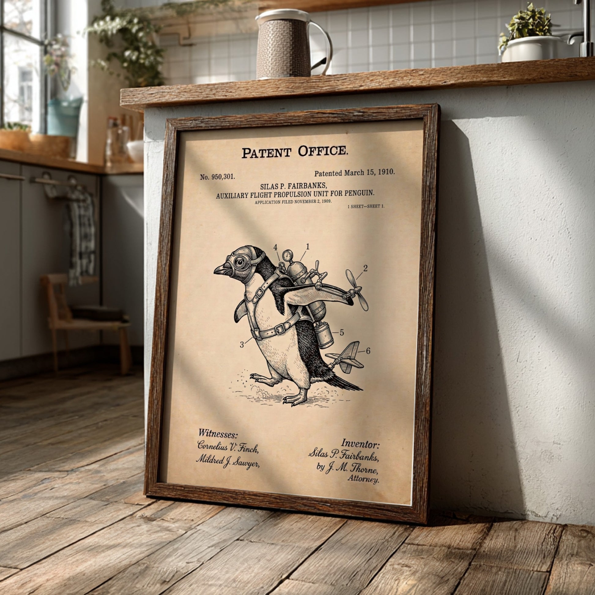 Funny animal patent poster showing a penguin wearing a vintage flight propulsion unit gadget