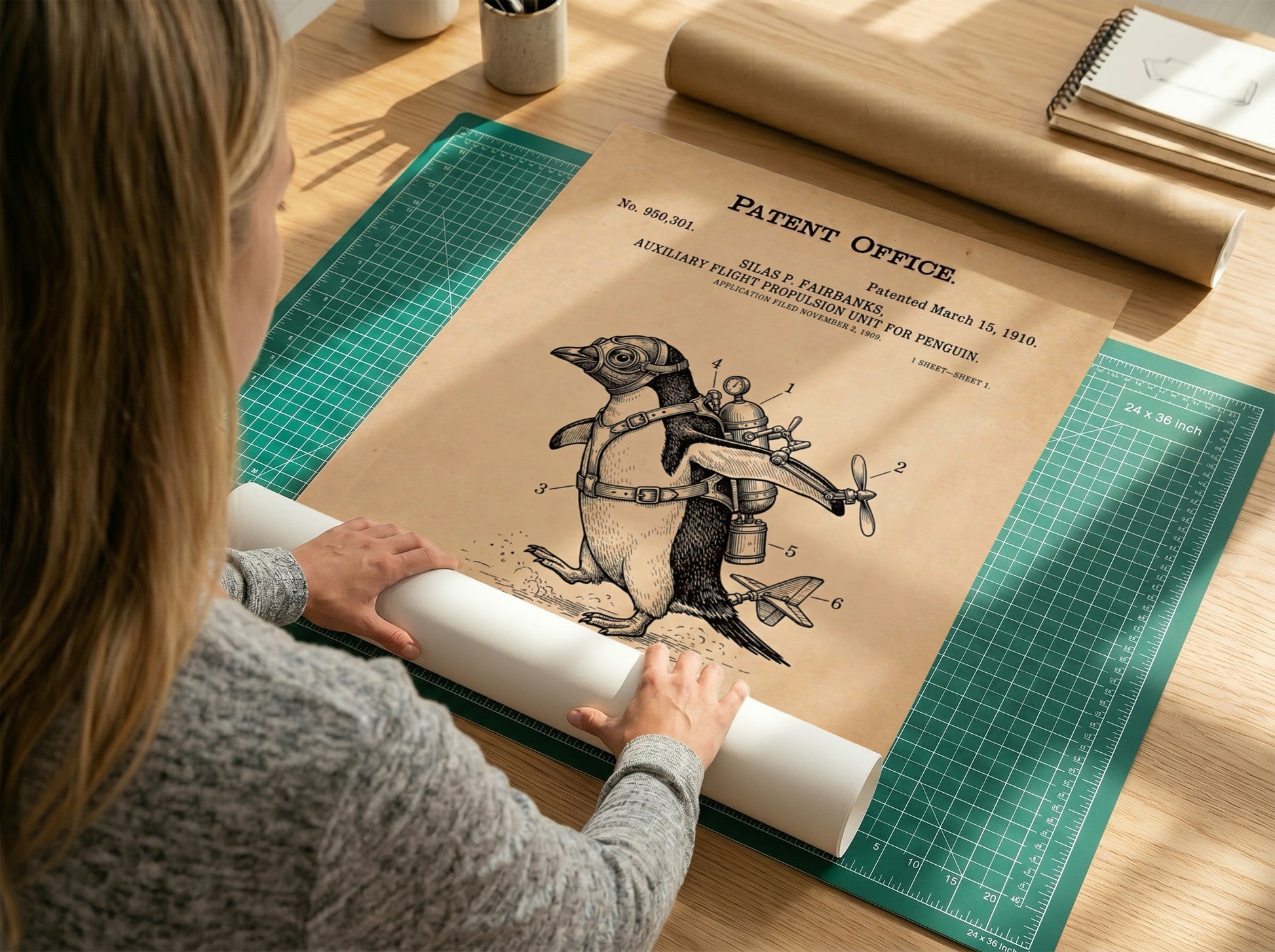 Funny animal patent poster showing a penguin wearing a vintage flight propulsion unit gadget