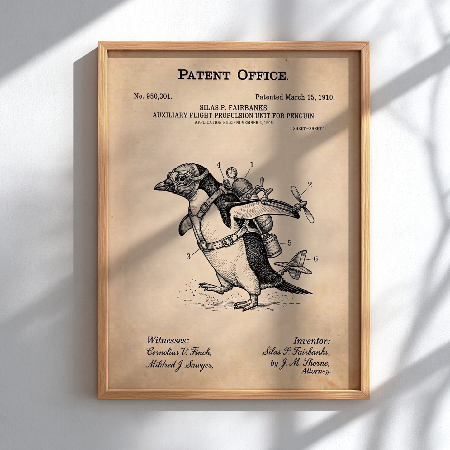 Funny animal patent poster showing a penguin wearing a vintage flight propulsion unit gadget