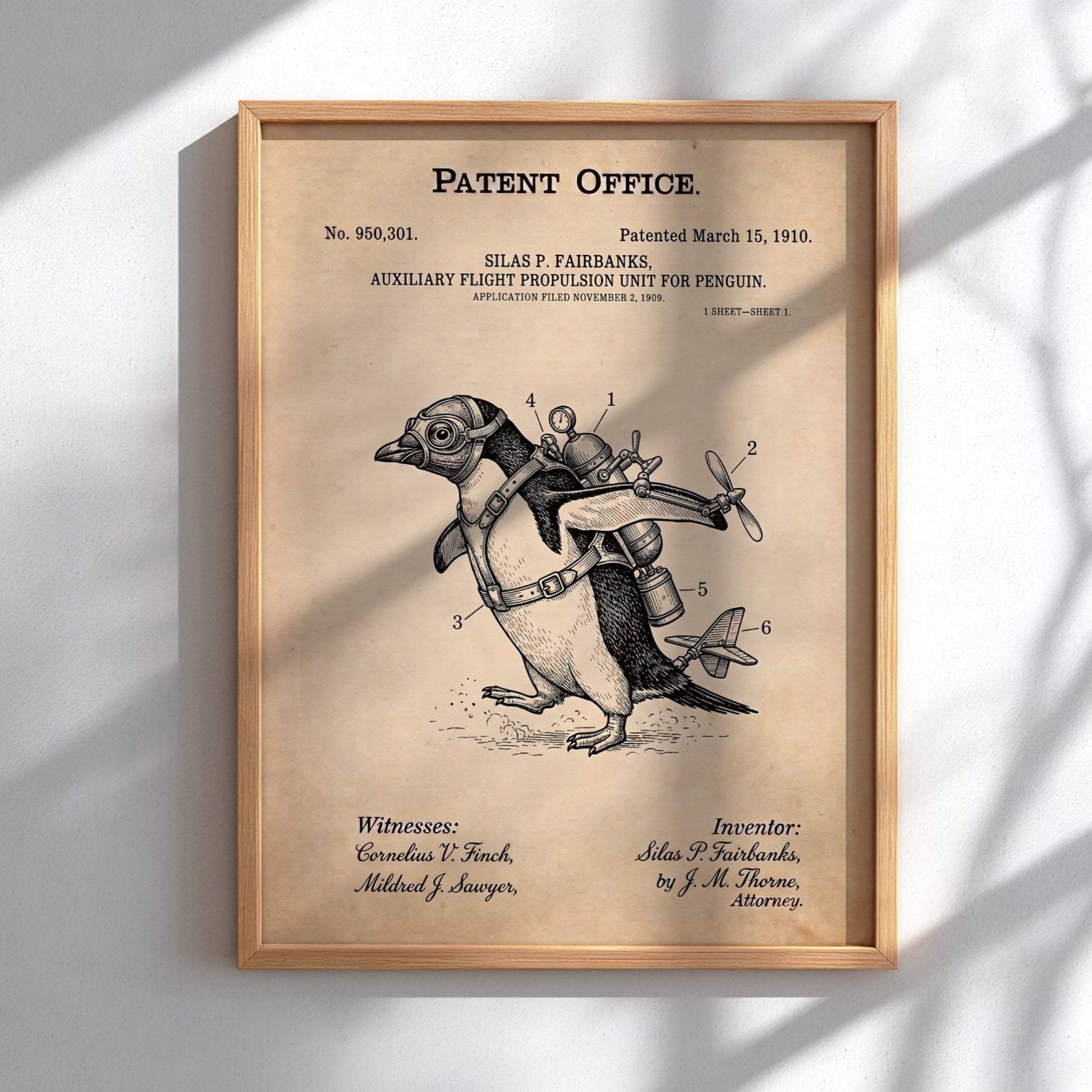 Funny animal patent poster showing a penguin wearing a vintage flight propulsion unit gadget