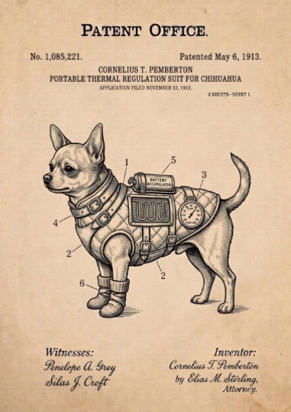 Chihuahua thermal regulation suit patent poster with technical illustrations on a vintage paper background