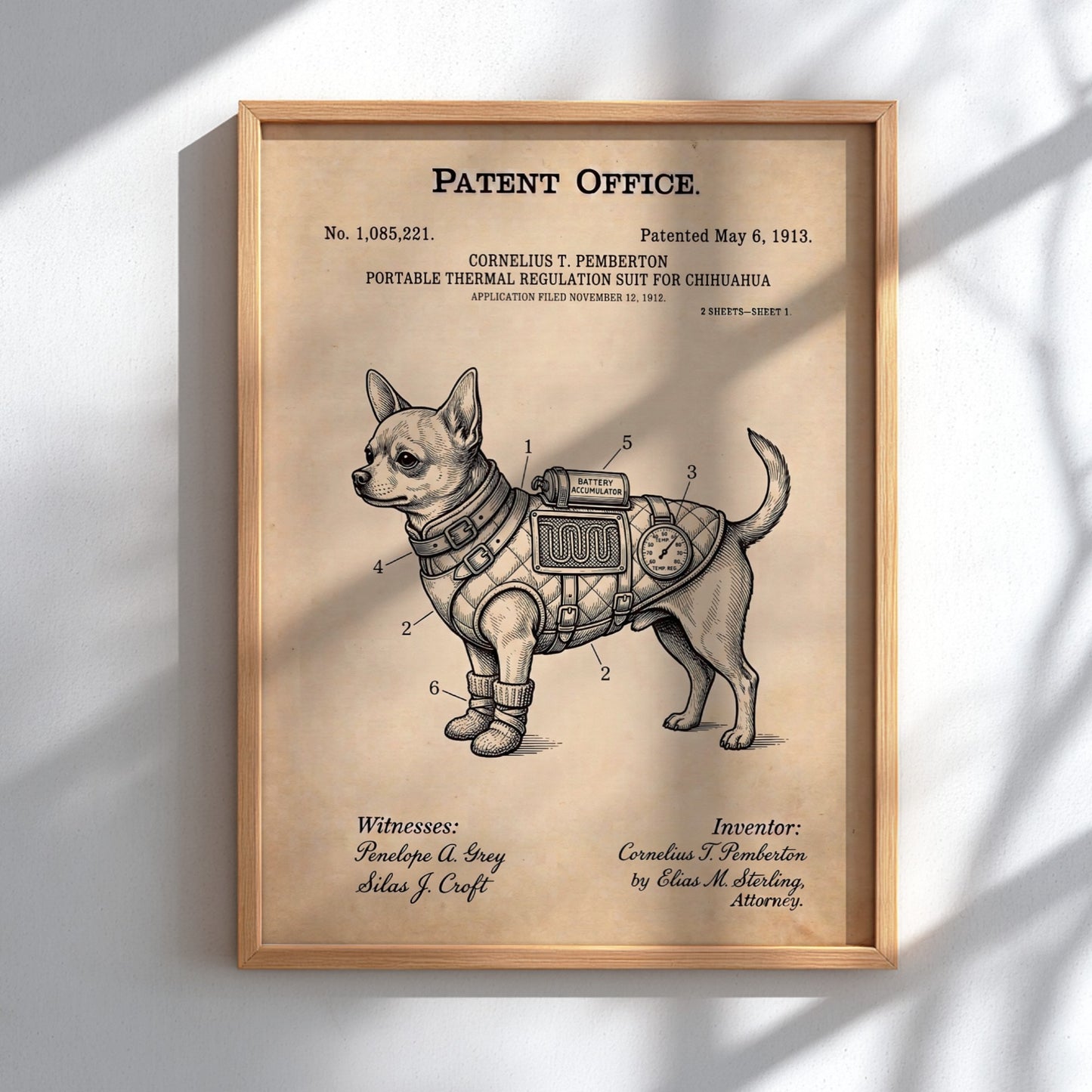Chihuahua thermal regulation suit patent poster with technical illustrations on a vintage paper background