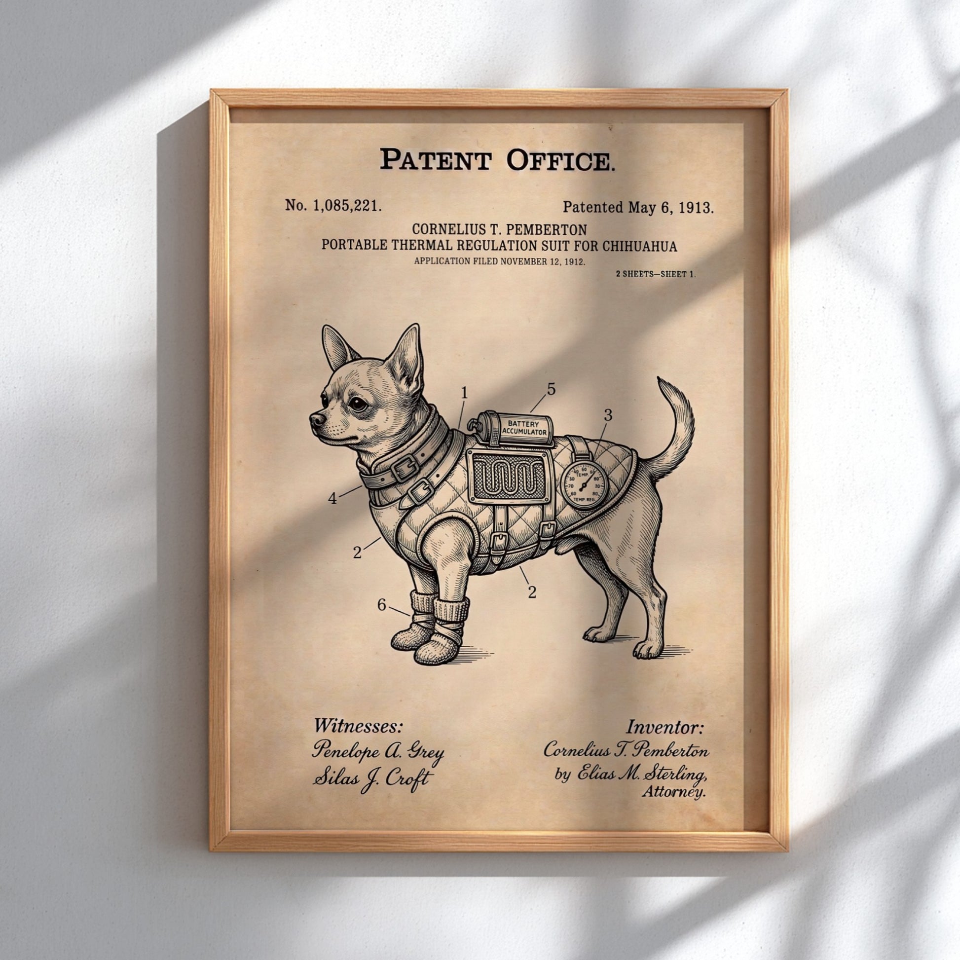 Chihuahua thermal regulation suit patent poster with technical illustrations on a vintage paper background