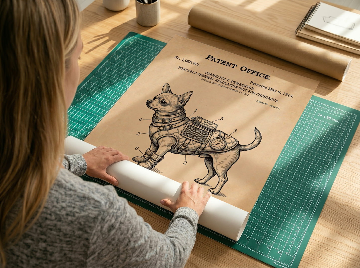 Chihuahua thermal regulation suit patent poster with technical illustrations on a vintage paper background