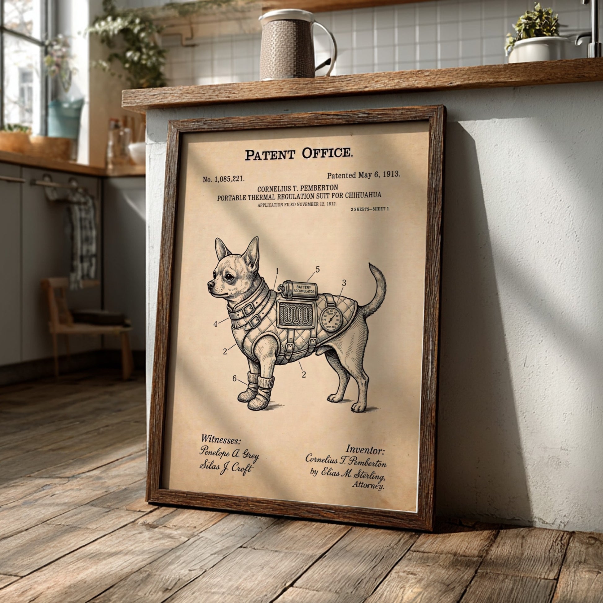 Chihuahua thermal regulation suit patent poster with technical illustrations on a vintage paper background