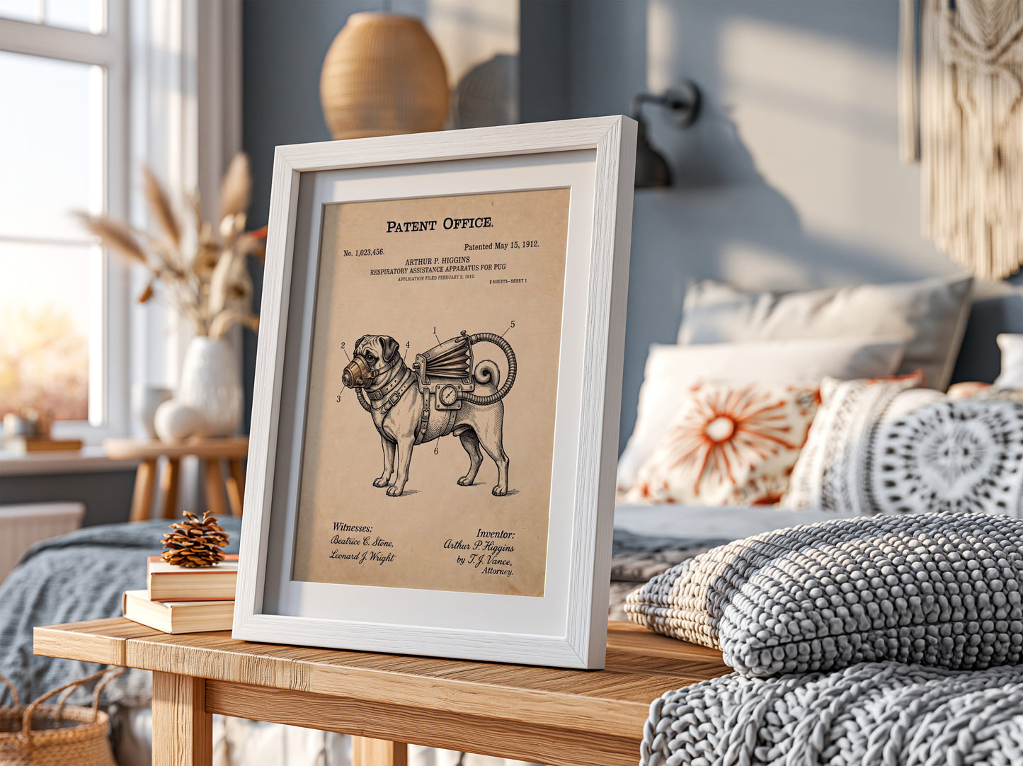 Funny patent poster of a pug wearing a vintage respiratory assistance apparatus machine