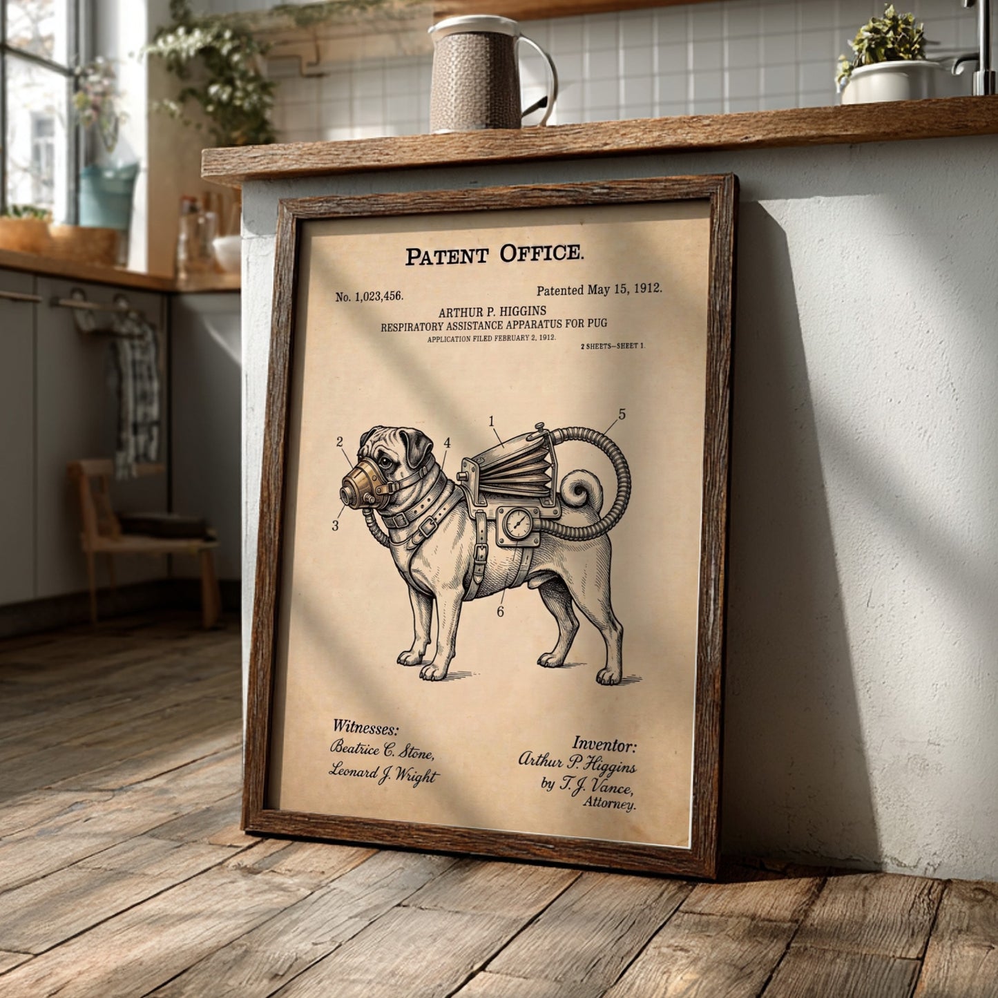 Funny patent poster of a pug wearing a vintage respiratory assistance apparatus machine