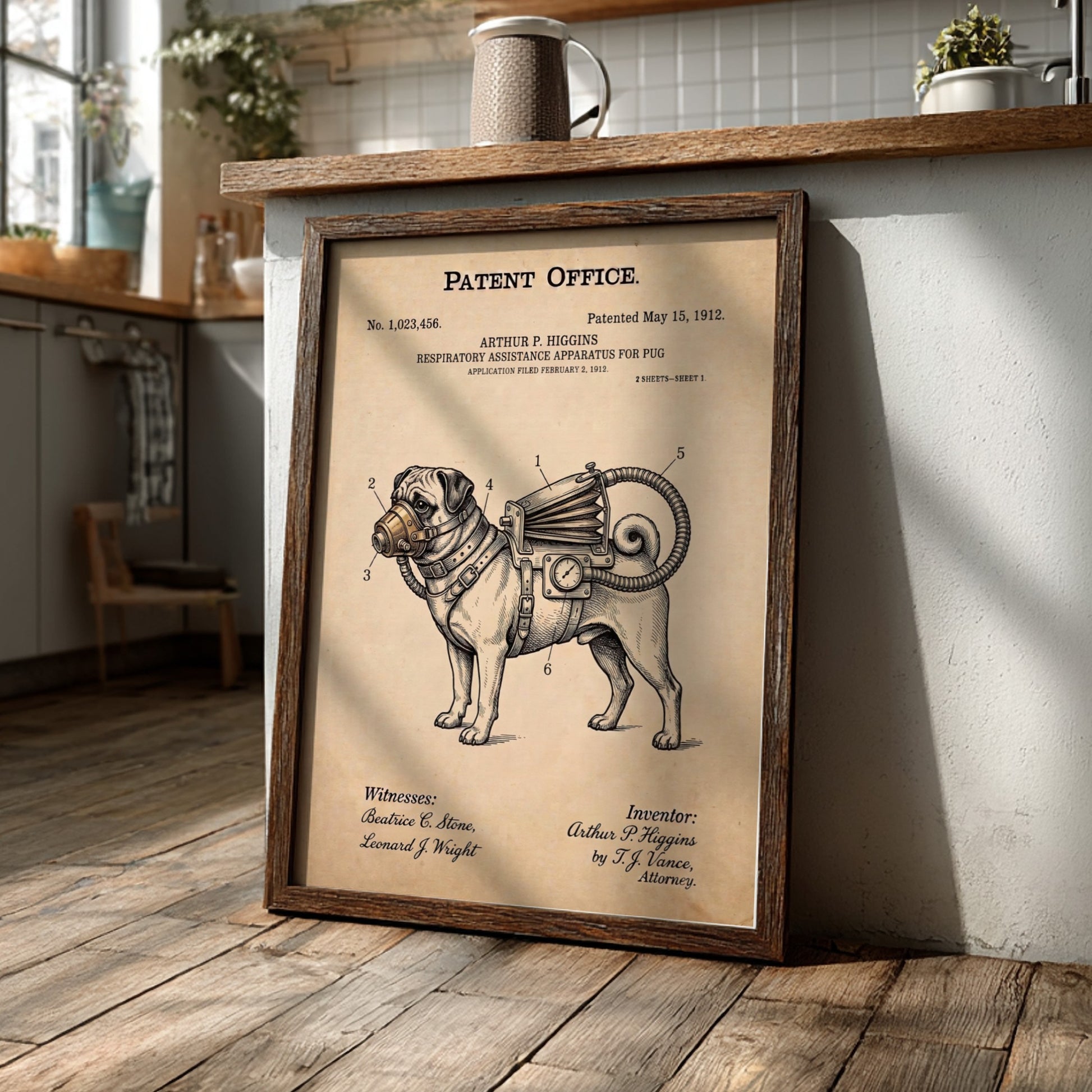Funny patent poster of a pug wearing a vintage respiratory assistance apparatus machine